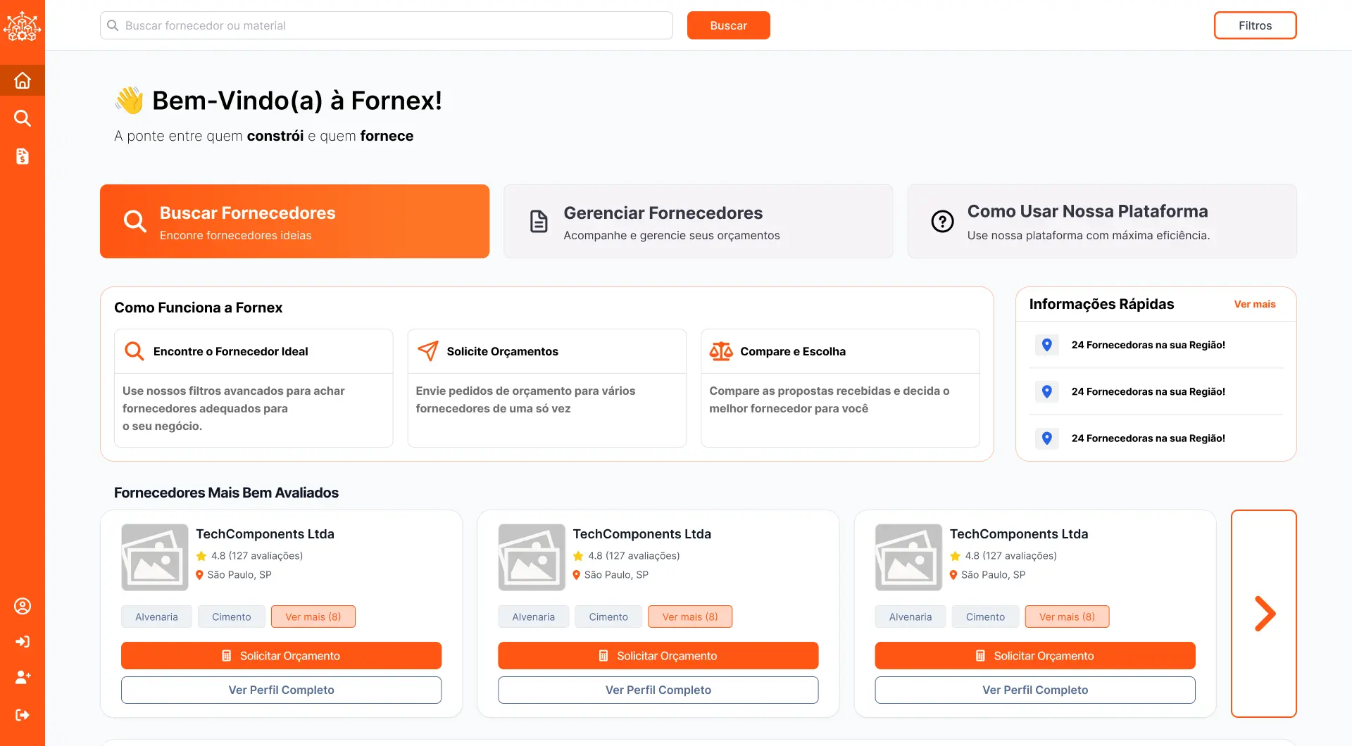 Dashboard da plataforma Fornex com obras, orçamentos e fluxo de cotações centralizado